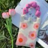 Knitted mobile phone bag (Pink blossoms) Knitted small hand bag / crossbody bag (Pink blossoms)