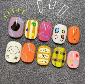 Kids Press-On Nail Art – Cartoon Design Colourful Day + Summer
