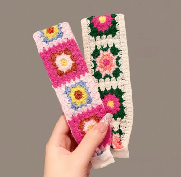 Knitted Embroidered Velcro Headband---Green flower + Pink flower Knitted Embroidered Velcro Hairband ---set of 2 (green + pink flower)