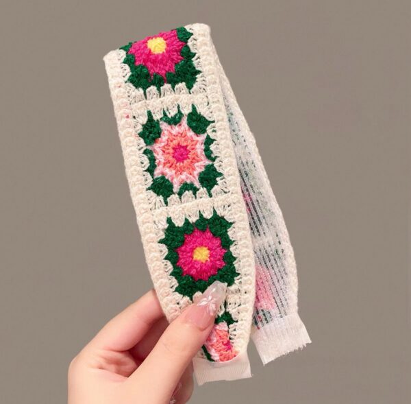 Knitted Embroidered Velcro Headband-- Pink flower Knitted Embroidered Velcro Hairband ---set of 2 (green + pink flower)