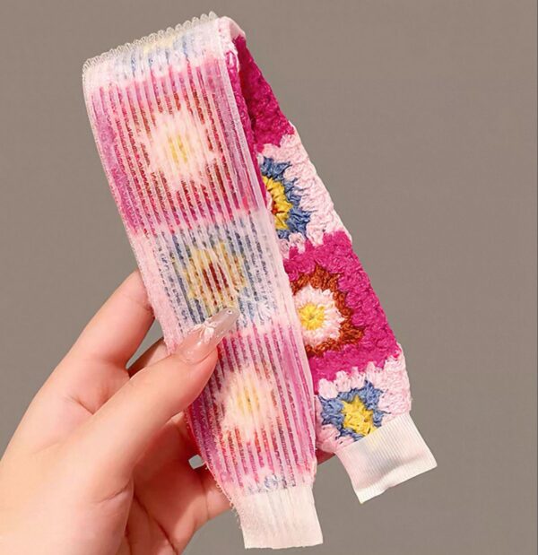 Knitted Embroidered Velcro Headband-- Pink flower inside Knitted Embroidered Velcro Hairband ---set of 2 (green + pink flower)