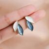 Korean-Style Forest-Inspired Leaf Earrings (Blue & White)
